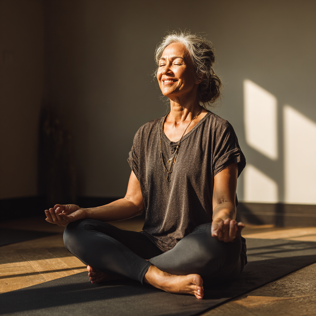 Жінка 55 років виконує м'яку асану лотоса на килимку для йоги, посміхається та виглядає розслабленою