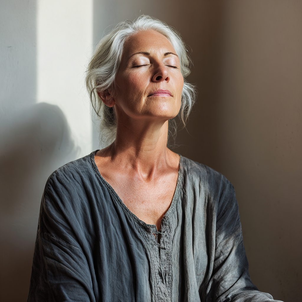 Жінка 58 років сидить у медитативній позі з заплющеними очима, виконує дихальні вправи, навколо неї спокійна атмосфера