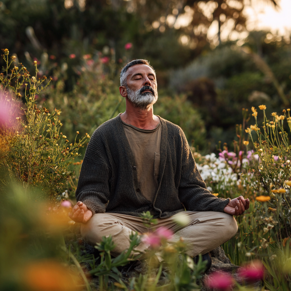 Чоловік 60 років медитує у позі лотоса серед зеленої природи, виглядає умиротворено та зосереджено
