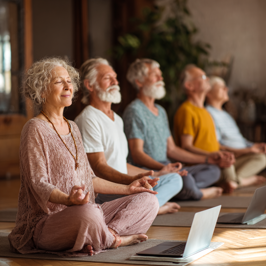 Група людей 50-60 років займається йогою онлайн перед комп'ютерами у своїх домівках, всі виглядають зосередженими та щасливими